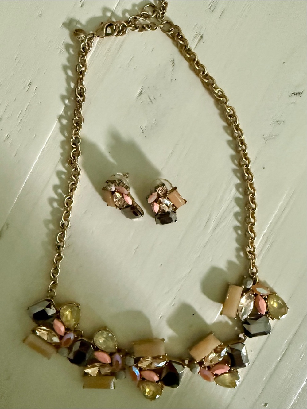 Gold-Tone Statement Necklace & Earrings Set with Pink and Champagne Accents
